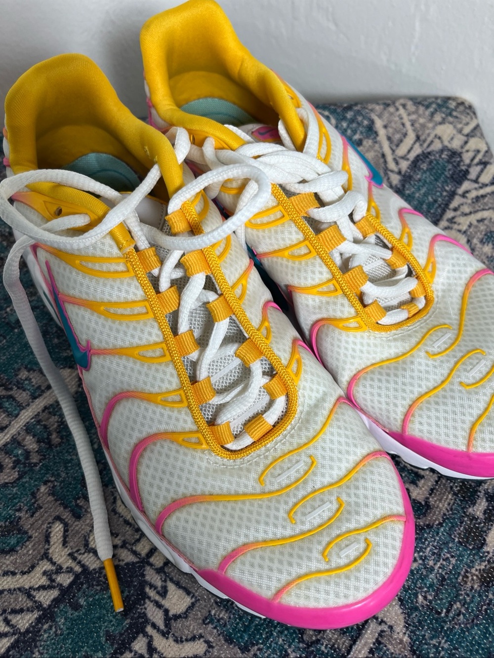 Nike Women's White Mesh Athletic Sneakers with Yellow & Pink Accents